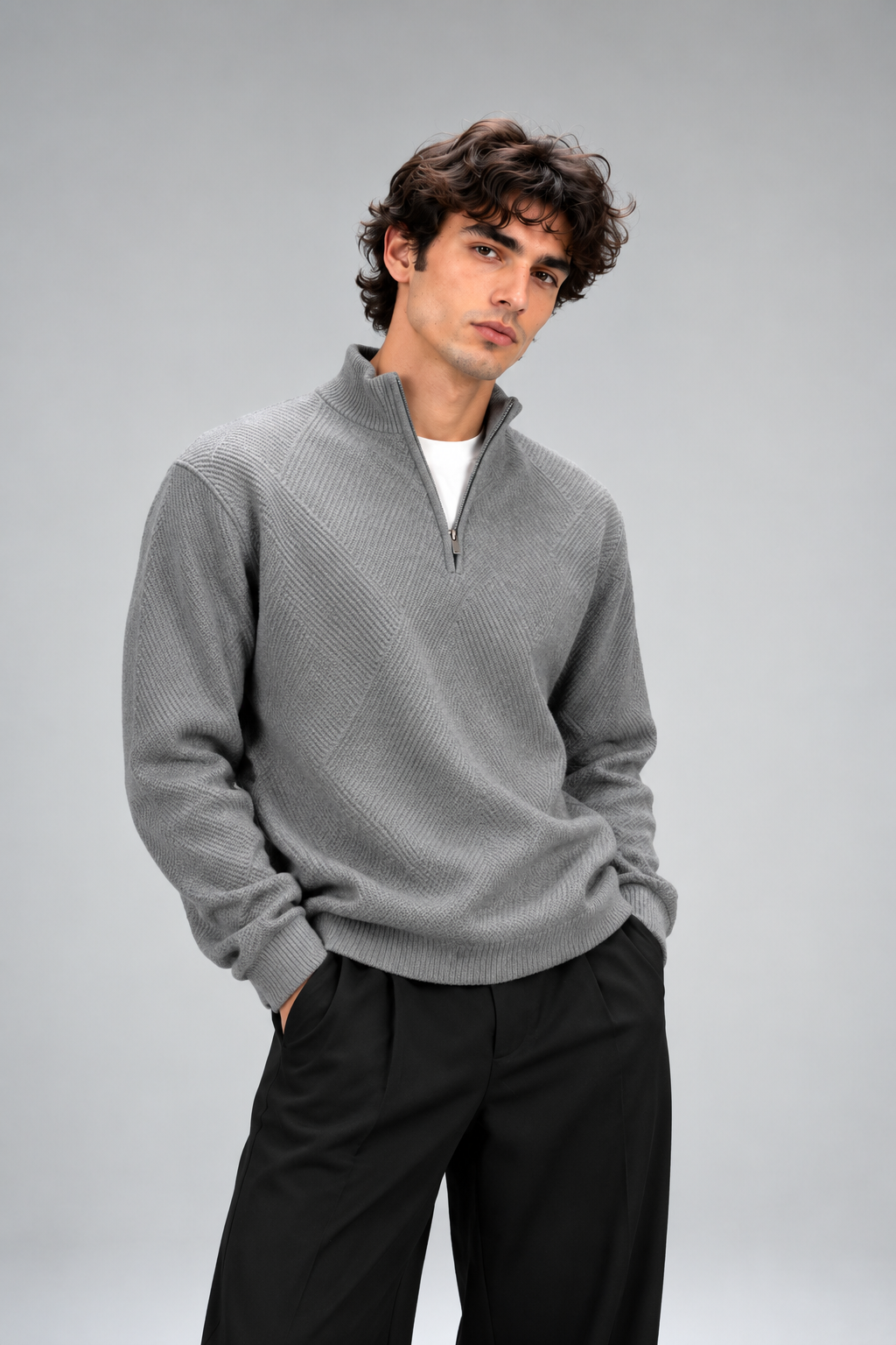 Stone Zip Knit Sweater – Textured Pattern