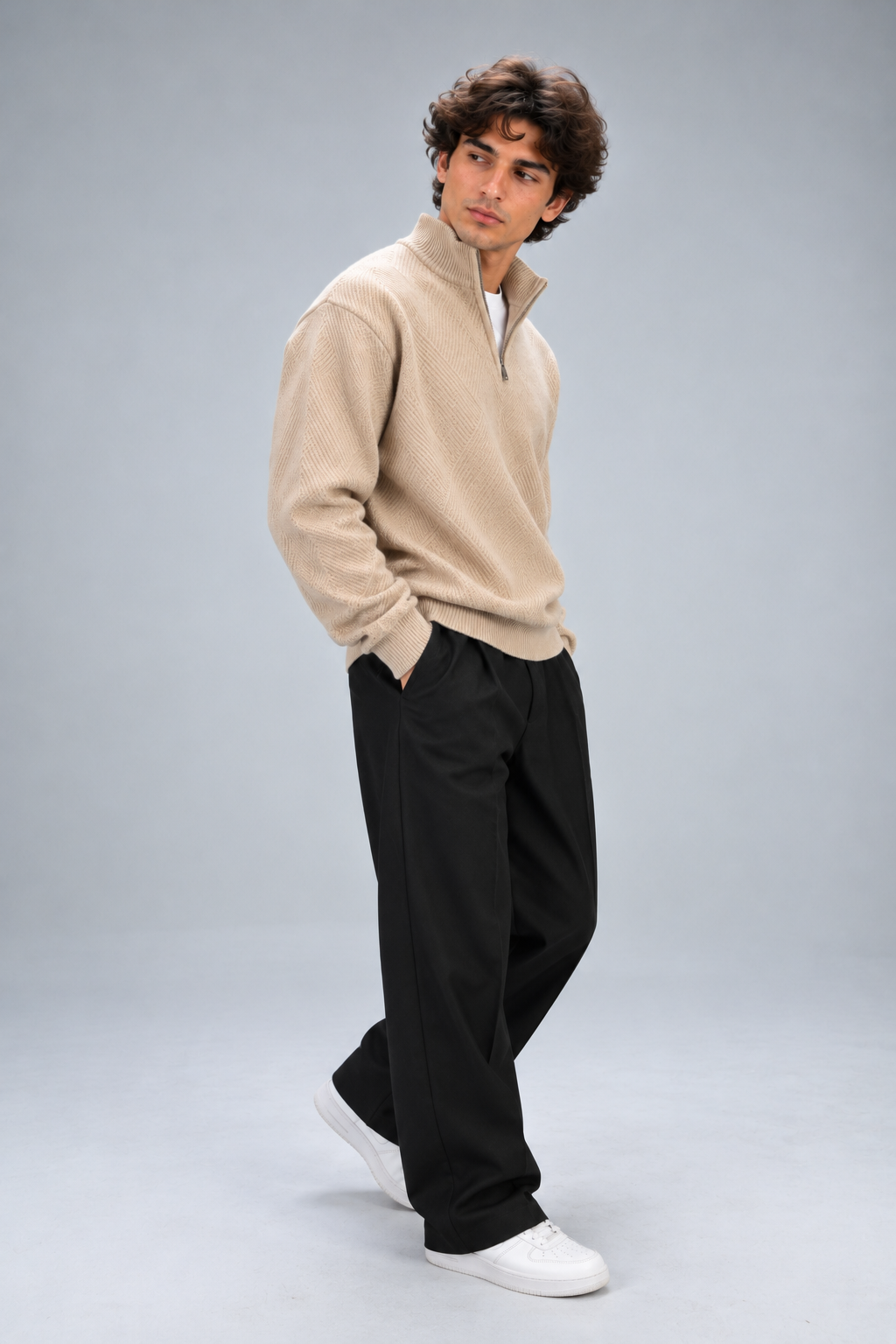 Beige Zip Knit Sweater – Textured Pattern
