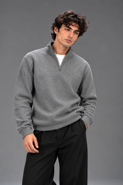 Stone Zip Knit Sweater – Textured Pattern