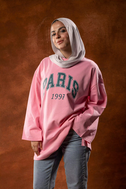 Printed Pink long sleeves oversized T-shirt