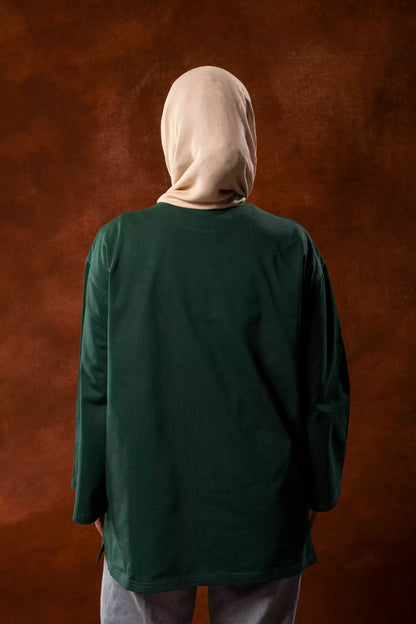 Printed dark green long sleeves oversized T-shirt