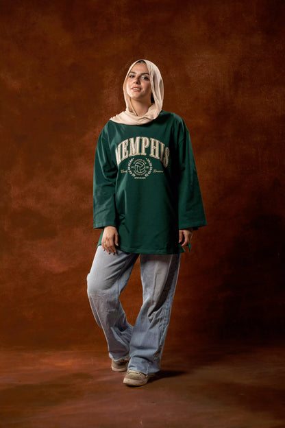 Printed dark green long sleeves oversized T-shirt