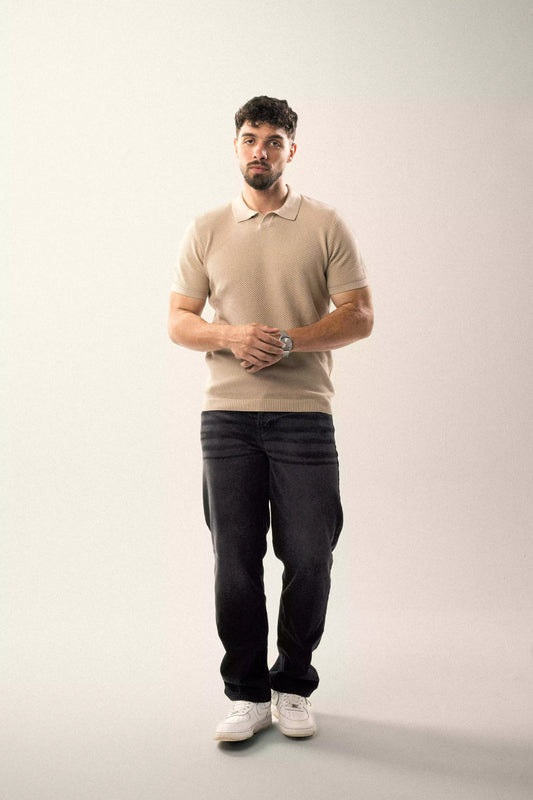 Textured Beige Knit Polo