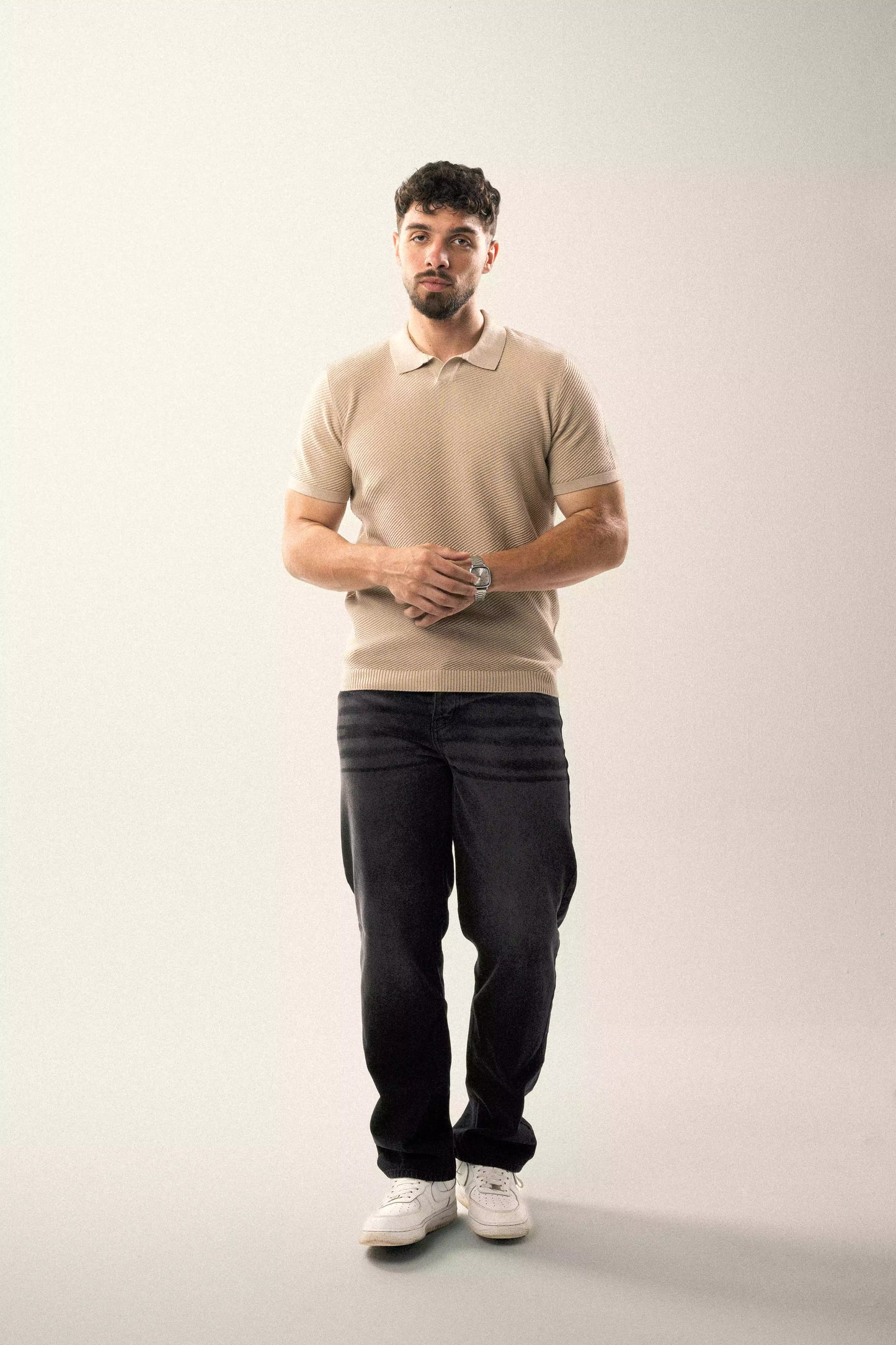 Textured Beige Knit Polo