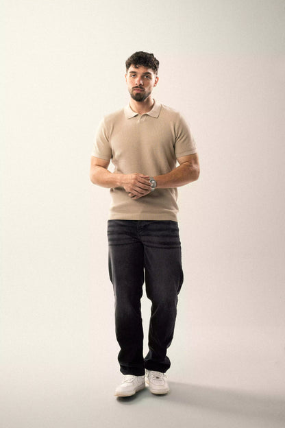Textured Beige Knit Polo