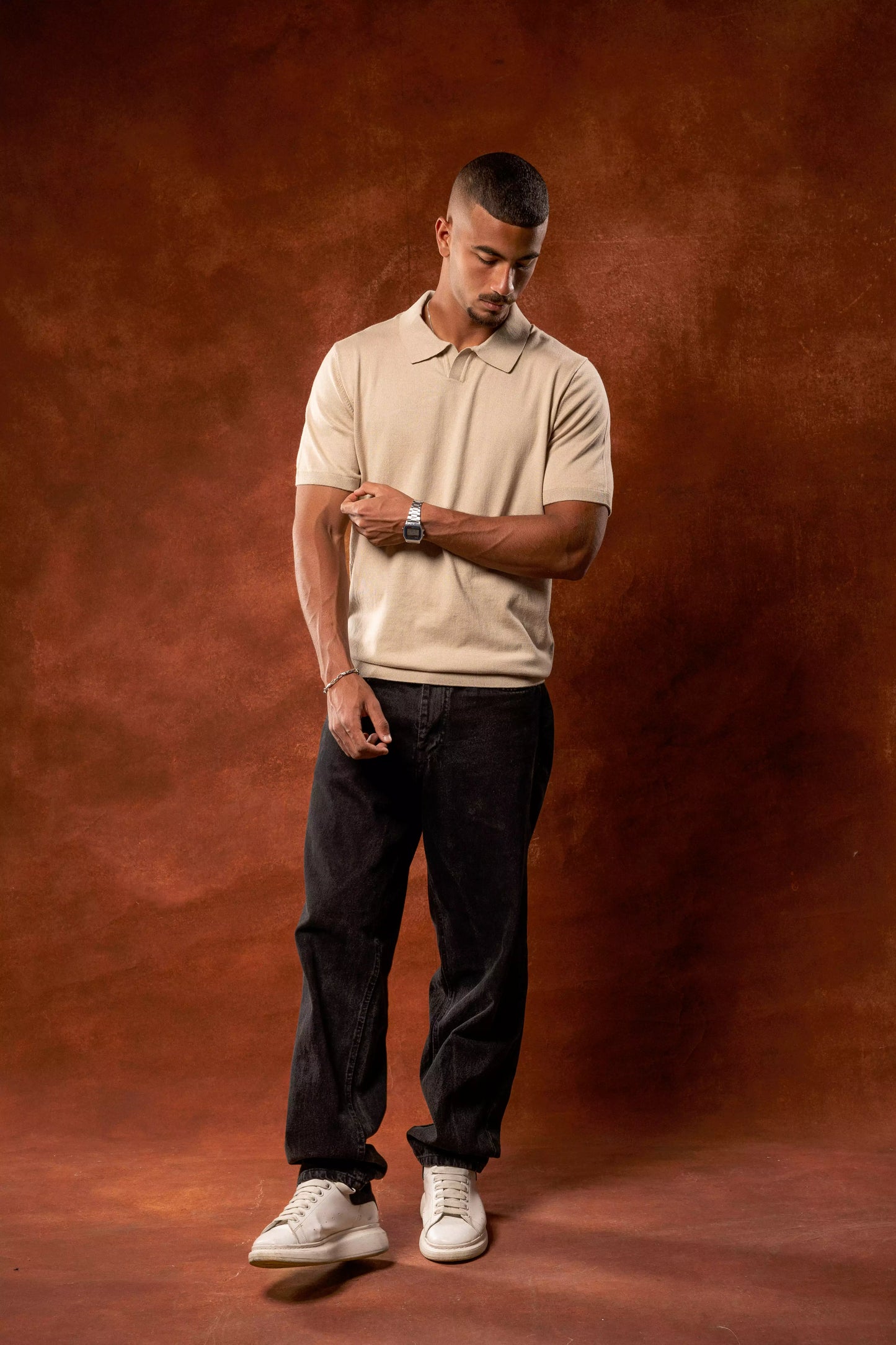 Plain Beige Knitted Polo