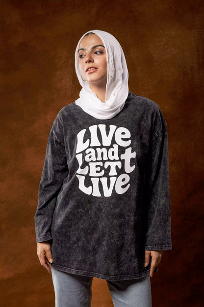 Printed Acid washed grey long sleeves oversized T-shirt