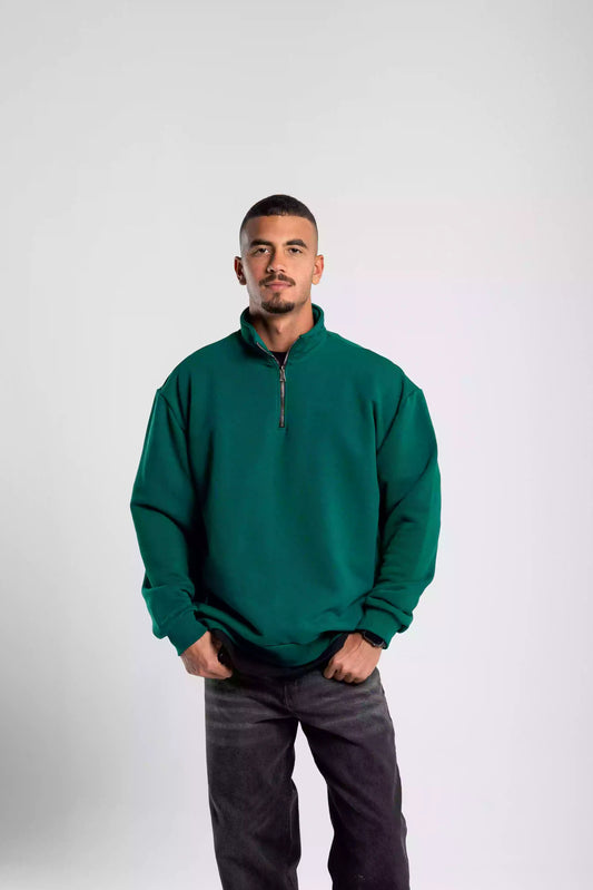 Dark green sweatshirt with quarter zip