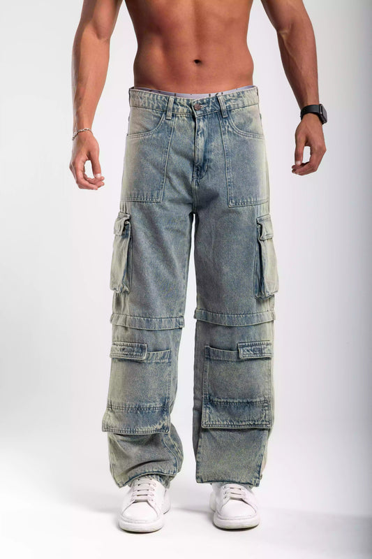 Blue wide leg jeans unisex with pockets