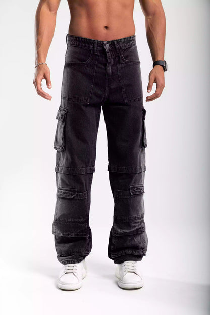 Black wide leg jeans unisex with pockets