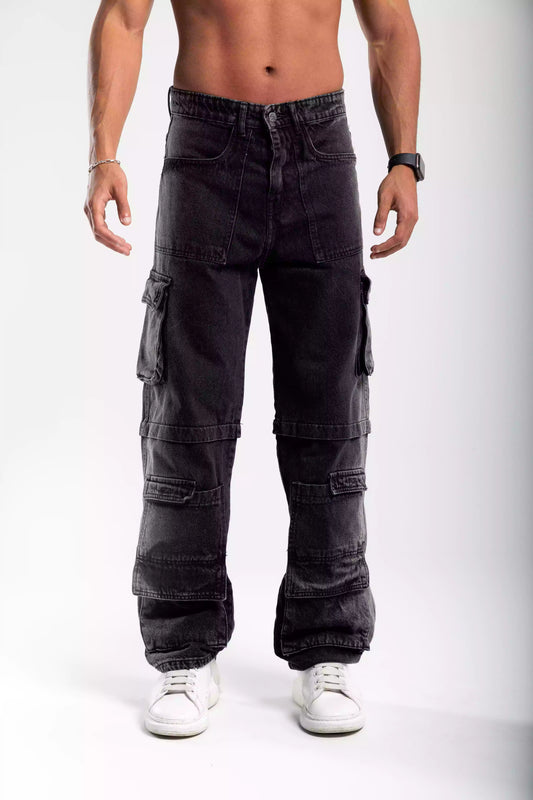 Black wide leg jeans unisex with pockets