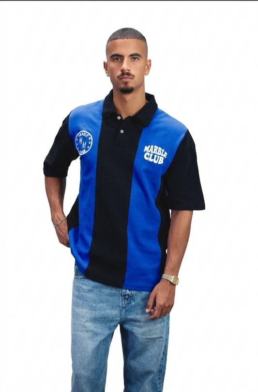 Blue & Black “Marble Club” Oversized Polo T-Shirt
