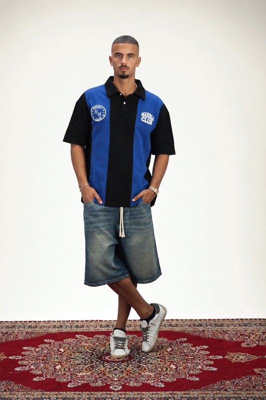 Blue & Black “Marble Club” Oversized Polo T-Shirt